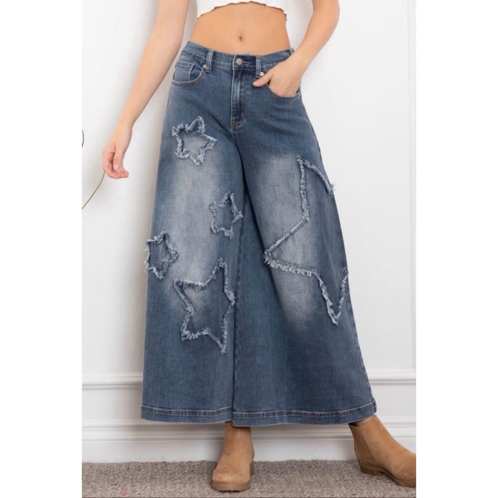 Blue Velvet Star Patch Wide Leg Size L